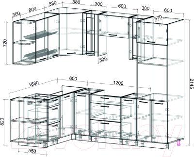 Кухонный гарнитур Интерлиния Мила 1.68x2.4 левая без столешницы (дуб белый/дуб серый)