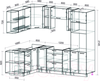 Кухонный гарнитур Интерлиния Мила 1.68x2.4 левая без столешницы (белый платинум/дуб серый)