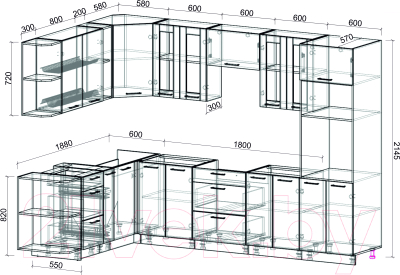 Кухонный гарнитур Интерлиния Мила 1.88x3.0 левая без столешницы (серебристый/дуб золотой)