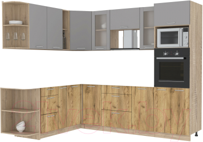 Кухонный гарнитур Интерлиния Мила 1.88x2.6 левая без столешницы (серебристый/дуб золотой) - фото