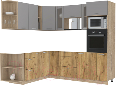 Кухонный гарнитур Интерлиния Мила 1.88x2.4 левая без столешницы (серебристый/дуб золотой) - фото