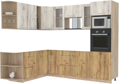 Кухонный гарнитур Интерлиния Мила 1.88x2.6 левая без столешницы (дуб белый/дуб золотой) - фото