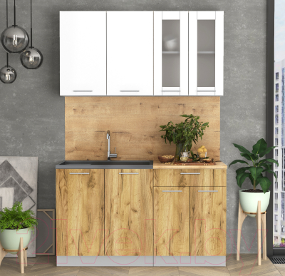 Кухонный гарнитур Интерлиния Мила 14 (белый платинум/дуб золотой/дуб бунратти)