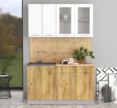 Кухонный гарнитур Интерлиния Мила 14-60 (белый платинум/дуб золотой/дуб бунратти)