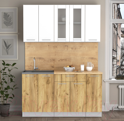 Кухонный гарнитур Интерлиния Мила 15 (белый платинум/дуб золотой/дуб бунратти)