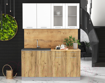 Кухонный гарнитур Интерлиния Мила 16 (белый платинум/дуб золотой/дуб бунратти)