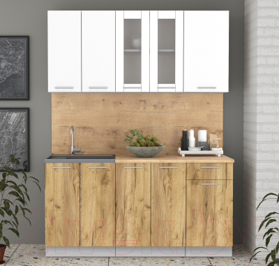 Кухонный гарнитур Интерлиния Мила 16-60 (белый платинум/дуб золотой/дуб бунратти)