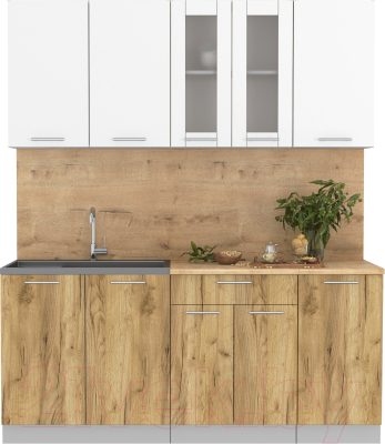 Кухонный гарнитур Интерлиния Мила 18 (белый платинум/дуб золотой/дуб бунратти) - фото