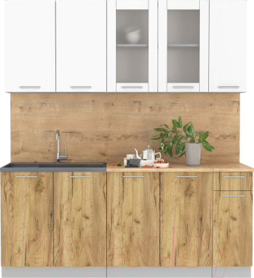 Кухонный гарнитур Интерлиния Мила 19 (белый платинум/дуб золотой/дуб бунратти) - фото