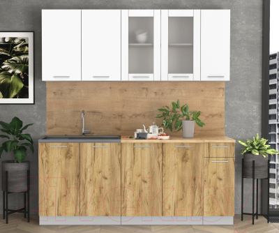 Кухонный гарнитур Интерлиния Мила 19 (белый платинум/дуб золотой/дуб бунратти)