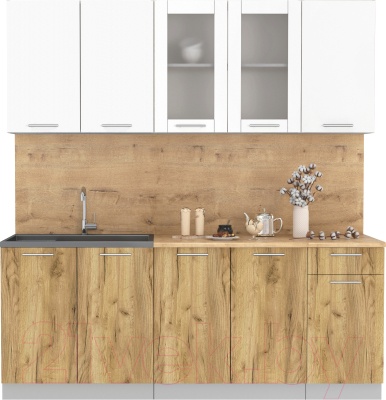 Кухонный гарнитур Интерлиния Мила 20 (белый платинум/дуб золотой/дуб бунратти) - фото