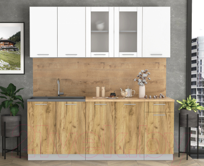 Кухонный гарнитур Интерлиния Мила 20 (белый платинум/дуб золотой/дуб бунратти)