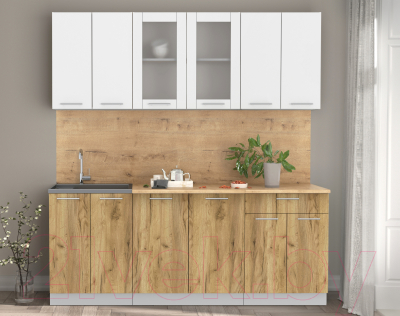 Кухонный гарнитур Интерлиния Мила 20-60 (белый платинум/дуб золотой/дуб бунратти)