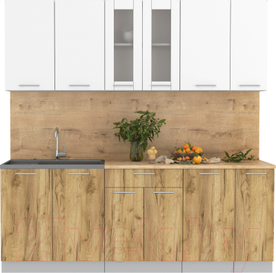 Кухонный гарнитур Интерлиния Мила 21 (белый платинум/дуб золотой/дуб бунратти) - фото