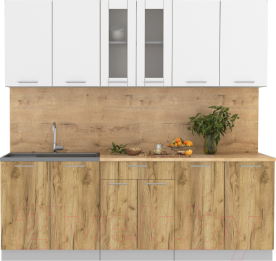 Кухонный гарнитур Интерлиния Мила 22 (белый платинум/дуб золотой/дуб бунратти) - фото