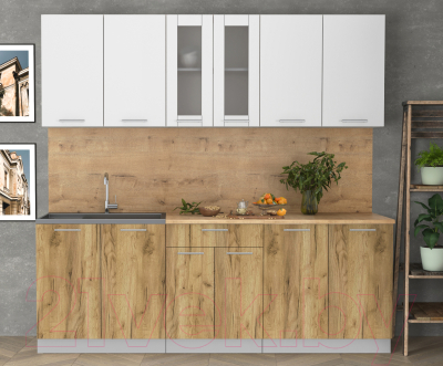 Кухонный гарнитур Интерлиния Мила 22 (белый платинум/дуб золотой/дуб бунратти)