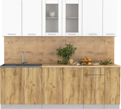 Кухонный гарнитур Интерлиния Мила 23 (белый платинум/дуб золотой/дуб бунратти) - фото