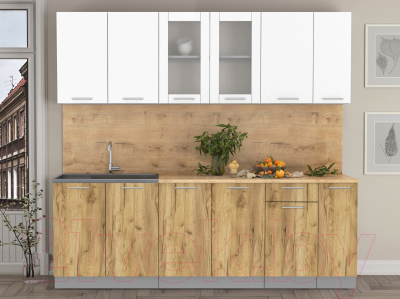 Кухонный гарнитур Интерлиния Мила 23 (белый платинум/дуб золотой/дуб бунратти)