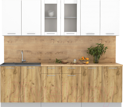 Кухонный гарнитур Интерлиния Мила 24 (белый платинум/дуб золотой/дуб бунратти) - фото