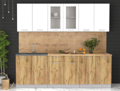 Кухонный гарнитур Интерлиния Мила 24 (белый платинум/дуб золотой/дуб бунратти)