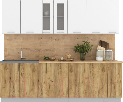 Кухонный гарнитур Интерлиния Мила 25 (белый платинум/дуб золотой/дуб бунратти) - фото