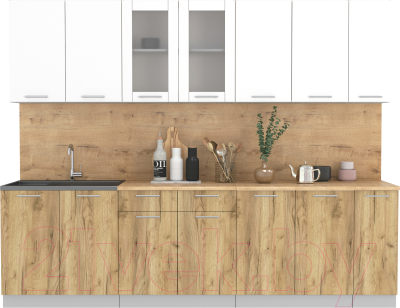 Кухонный гарнитур Интерлиния Мила 27 (белый платинум/дуб золотой/дуб бунратти) - фото