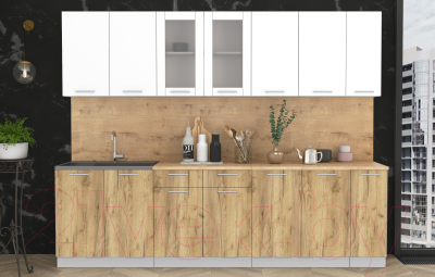 Кухонный гарнитур Интерлиния Мила 27 (белый платинум/дуб золотой/дуб бунратти)