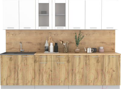 Кухонный гарнитур Интерлиния Мила 28 (белый платинум/дуб золотой/дуб бунратти) - фото