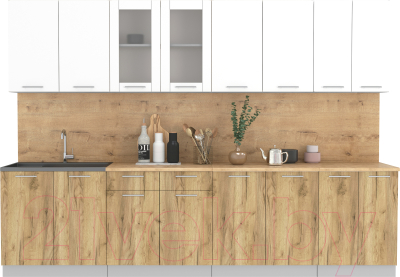 Кухонный гарнитур Интерлиния Мила 30 (белый платинум/дуб золотой/дуб бунратти) - фото