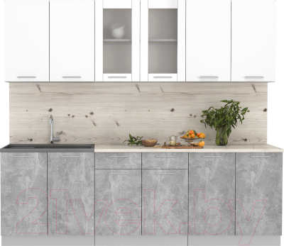 Кухонный гарнитур Интерлиния Мила 24 (бетон/белый платинум глянец/бискайская сосна) - фото