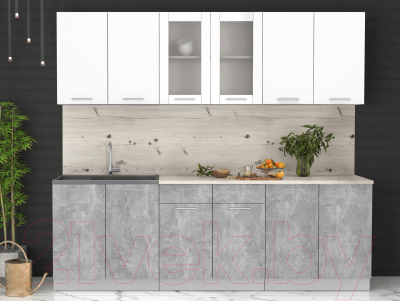 Кухонный гарнитур Интерлиния Мила 24 (бетон/белый платинум глянец/бискайская сосна)