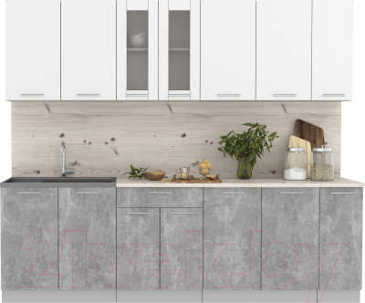 Кухонный гарнитур Интерлиния Мила 25 (бетон/белый платинум глянец/бискайская сосна) - фото