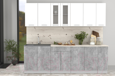 Кухонный гарнитур Интерлиния Мила 25 (бетон/белый платинум глянец/бискайская сосна)
