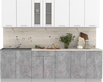Кухонный гарнитур Интерлиния Мила 26 (бетон/белый платинум глянец/бискайская сосна) - фото