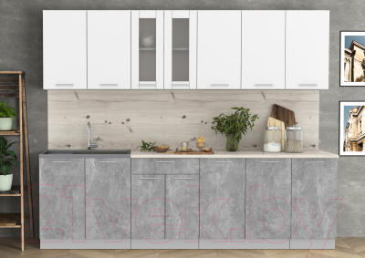 Кухонный гарнитур Интерлиния Мила 26 (бетон/белый платинум глянец/бискайская сосна)