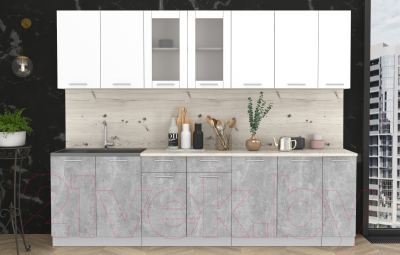 Кухонный гарнитур Интерлиния Мила 27 (белый платинум/бетон/бискайская сосна) - фото