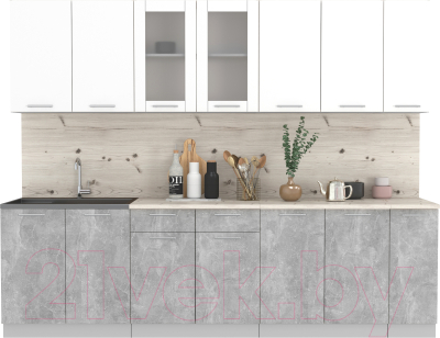 Кухонный гарнитур Интерлиния Мила 27 (белый платинум/бетон/бискайская сосна)