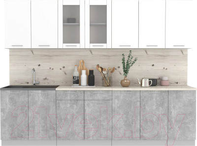 Кухонный гарнитур Интерлиния Мила 28 (белый платинум/бетон/бискайская сосна) - фото