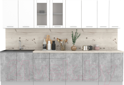 Кухонный гарнитур Интерлиния Мила 30 (белый платинум/бетон/бискайская сосна) - фото
