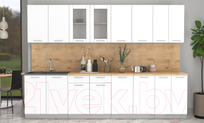 Кухонный гарнитур Интерлиния Мила 30 (белый платинум/белый платинум/дуб бунратти)