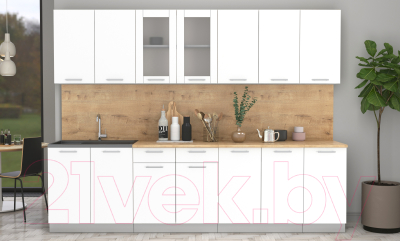 Кухонный гарнитур Интерлиния Мила 28 (белый платинум/белый платинум/дуб бунратти)