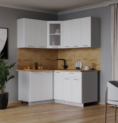 Кухонный гарнитур Интерлиния Мила 12x15 (белый платинум/белый платинум глянец/дуб бунратти)