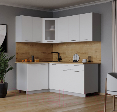 Кухонный гарнитур Интерлиния Мила 12x18 (белый платинум/белый платинум глянец/дуб бунратти)