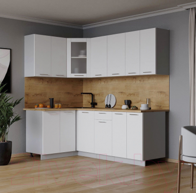 Кухонный гарнитур Интерлиния Мила 12x20 (белый платинум/белый платинум глянец/дуб бунратти)