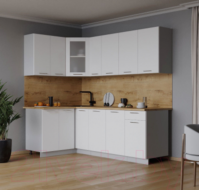 Кухонный гарнитур Интерлиния Мила 12x21 (белый платинум/белый платинум глянец/дуб бунратти)