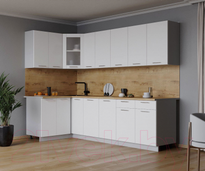 Кухонный гарнитур Интерлиния Мила 12x25 (белый платинум/белый платинум глянец/дуб бунратти)