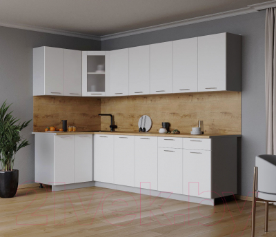 Кухонный гарнитур Интерлиния Мила 12x26 (белый платинум/белый платинум глянец/дуб бунратти)