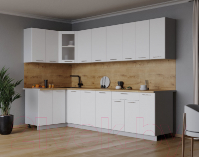 Кухонный гарнитур Интерлиния Мила 12x27 (белый платинум/белый платинум глянец/дуб бунратти)