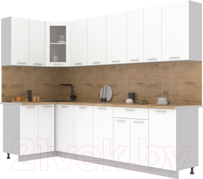 Кухонный гарнитур Интерлиния Мила 12x28 (белый платинум/белый платинум глянец/дуб бунратти) - фото