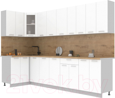 Кухонный гарнитур Интерлиния Мила 12x30 (белый платинум/белый платинум глянец/дуб бунратти) - фото